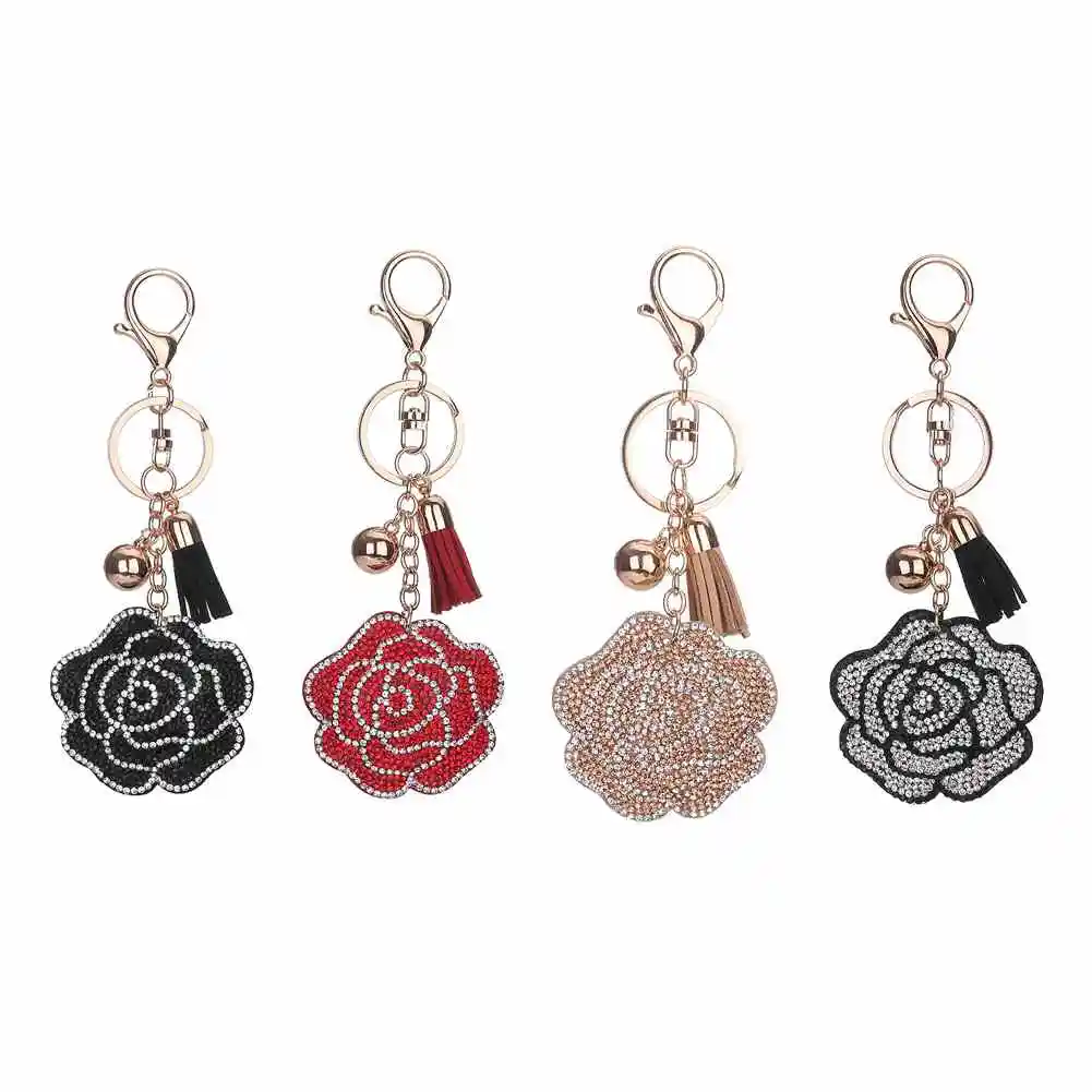 Stylish Rose Flower Keychain Crystal Rhinestone Leather Tassel Key