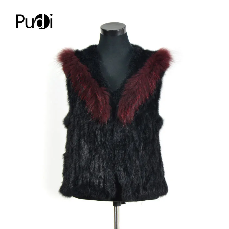 Classic Real Fashion Knitted Rabbit Fur Vest Gilet with Raccoon Fur Collar Women