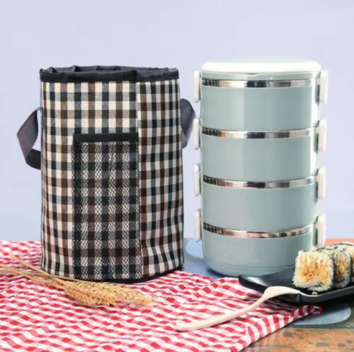 

1pc Portable Insulated Food Container Lunch Bag Thermos Cooler Picnic Tote Box Plaid Keep Warm Storage Bags Fashion New Hot