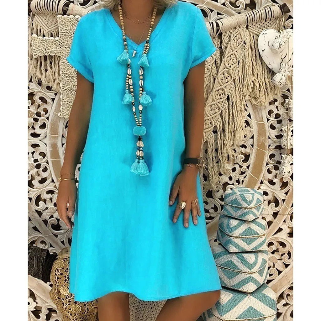 JAYCOSIN Spring New Casual V-Neck Cotton and Linen Dress Women Summer Style Cotton Casual Plus Size Ladies Dress 2020