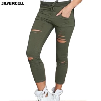 

Female Trousers Women Hole leggings Ripped Pants Slim Stretch Drawstring Trousers Pants Army Green Pants