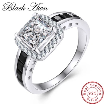 

[BLACK AWN] Wedding Rings for Women 4.0g Solid 100% 925 Sterling Silver Jewelry Black Spinel Classic Bague C192