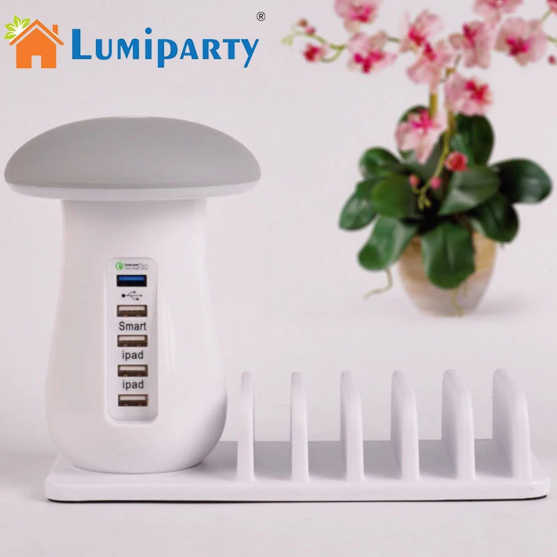 

LumiParty Mushroom LED Night Light Desk Lamp with 5 Ports Travel USB Charger Charging Power Stations