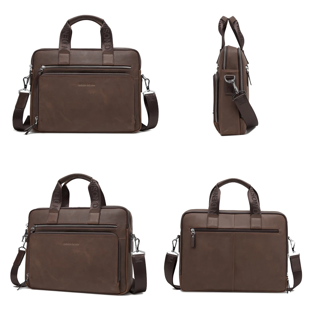 BISON DENIM Brand Men's Briefcase Satchel Bags Genuine leather 14\