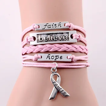 

10PC/lot Infinity Love Faith Believe Hope Cancer Breast Charm Bracelet Registered Adjustable Leather Bracelets Women Men Jewelry