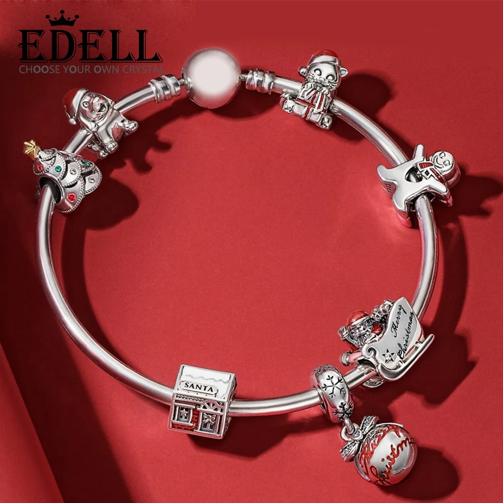 

EDELL 100% 925 Sterling Silver 1:1 Christmas Christmas Tree Puppy Snowman House Sleigh Gift Bracelet Set Free Shipping