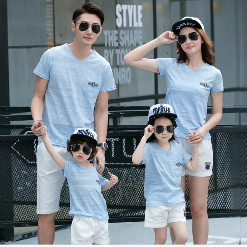 summer 2016 mother and daughter clothes family look blue boys shirts v neck t shirts for