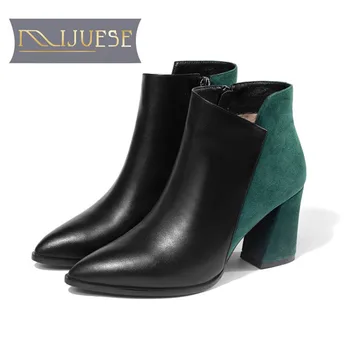 

MLJUESE 2019 women ankle boots Cow leather Mixed colors Rome style pointed toe winter short plush high heels boots women boots