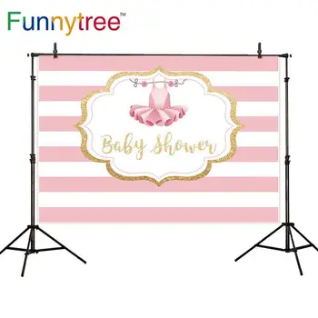 

Funnytree backdrop photographic pink baby shower stripes princess dress golden frame celebration decoration backgound photo prop