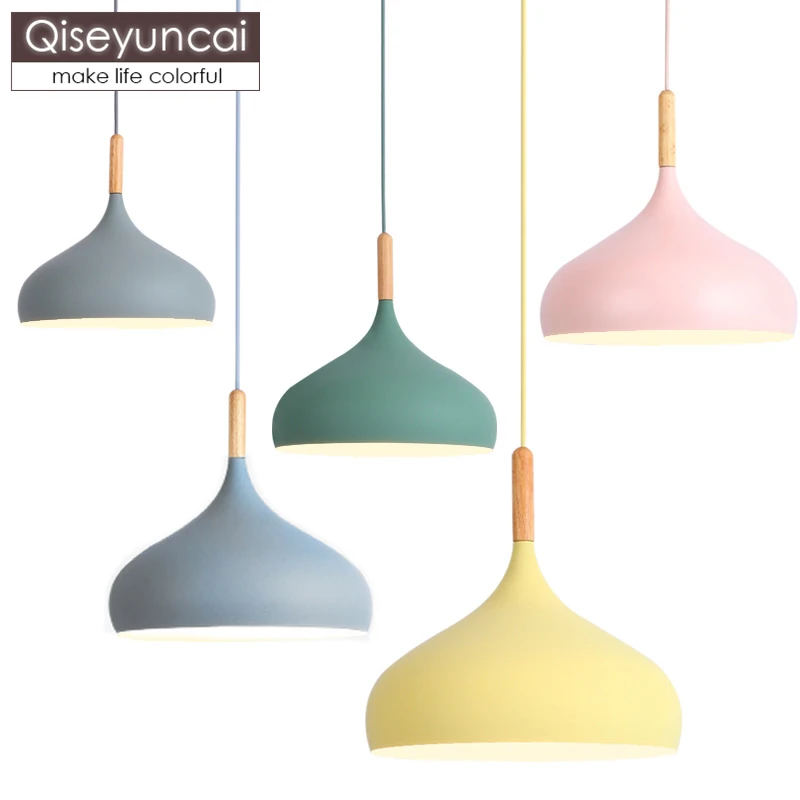 

Qiseyuncai Modern Wood Pendant Lights Restaurant Kitchen Colorful Macarons Aluminum Suspension luminaire Hanging Lightings