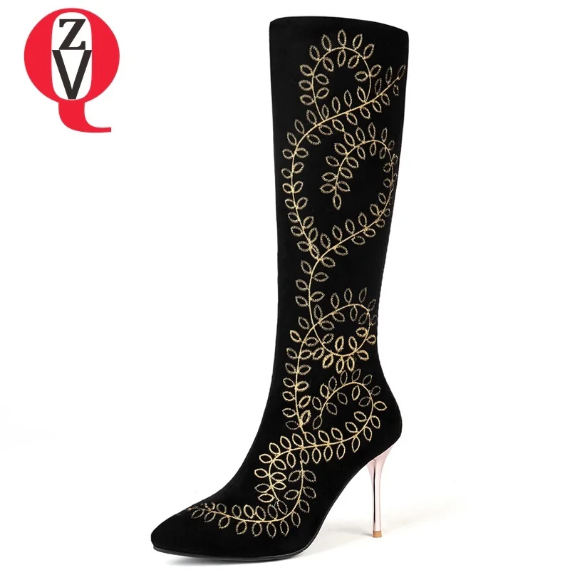 

ZVQ women shoes 2018 newest popular pointed toe super high thin heels zipper winter outside fashion sexy party knee high boots