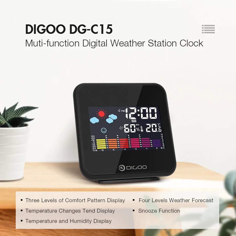 Digoo DG-C15, цифровые беспроводные Часы с подсветкой, метеостанция, будильник, USB гигрометр, термометр, метеостанция, часы