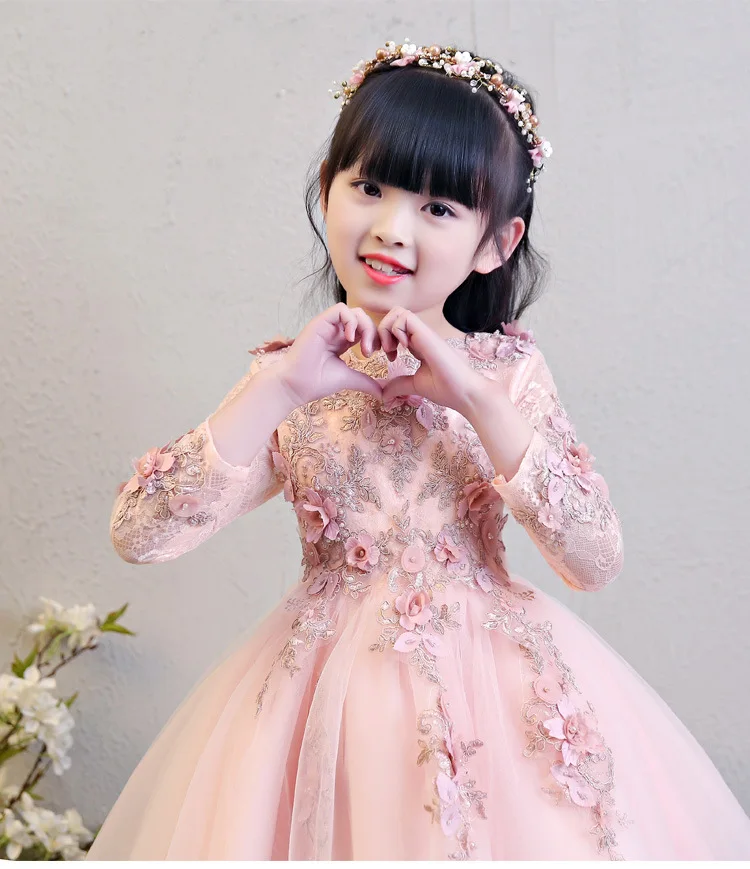 Коллекция года, новое осенне-зимнее вечернее платье для подиума платье принцессы с длинными рукавами розовый детский Свадебный костюм с цветами для девочек, фортепиано костюм l