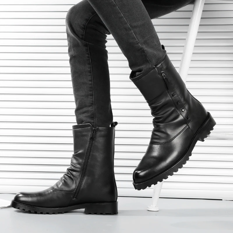 

Square heels Army Boots Men High Military Combat Boots Metal Buckle Punk Mid Calf Male Motorcycle Boots Lace Up Men's Shoes Rock