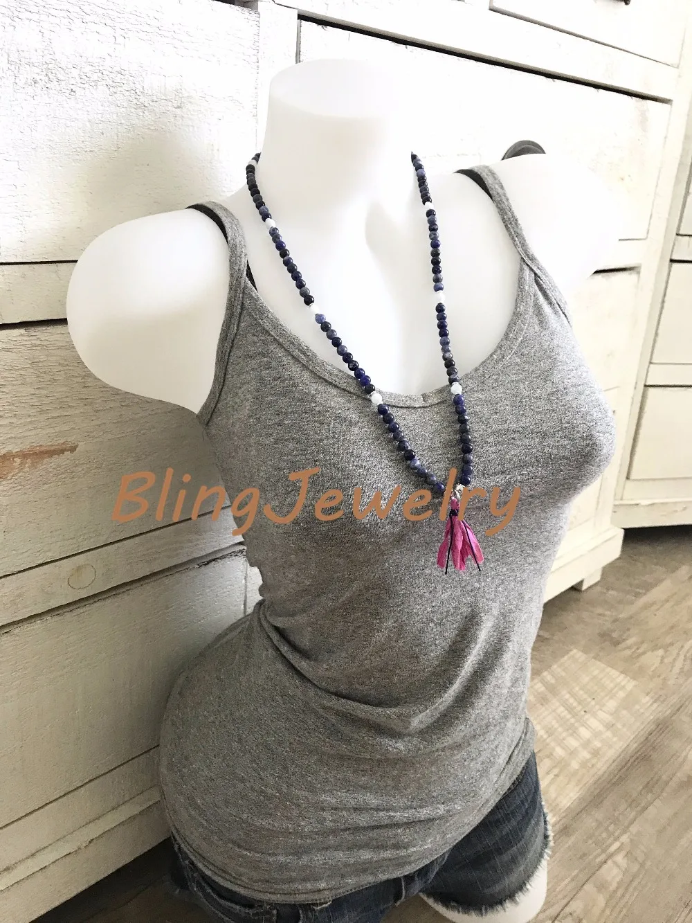 N17082543 Sodalite Mala Bead Wrap Bracelet, Mala Necklace For Self Acceptance, Aquamarine Mala, 108 Mala Bead On Stretch Cord, Sari Silk Tassel Mala6 (12)
