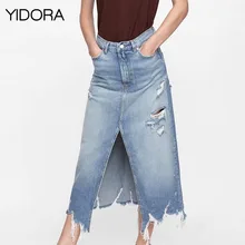Новинка г. женские рваные миди джинсовая юбка с асимметричным низом с бахромой и уничтожены детали-Для женщин Высокая Талия промывают-эффект юбка