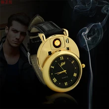 

Leather Strap Gold Replacement Electric Wire Watch USB Charging Windproof Flameless Cigarette Lighter Men Quartz Watch Saat D44