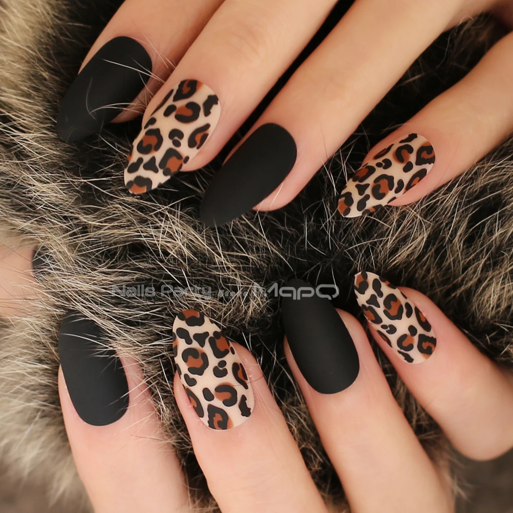 Us 2 85 Matte Black Almond Leopard Print Fasle Nails Scrub Burgundy Tiger Nude Fake Nail Stiletto 24pcs Full Sets Faux Ongles In False Nails From