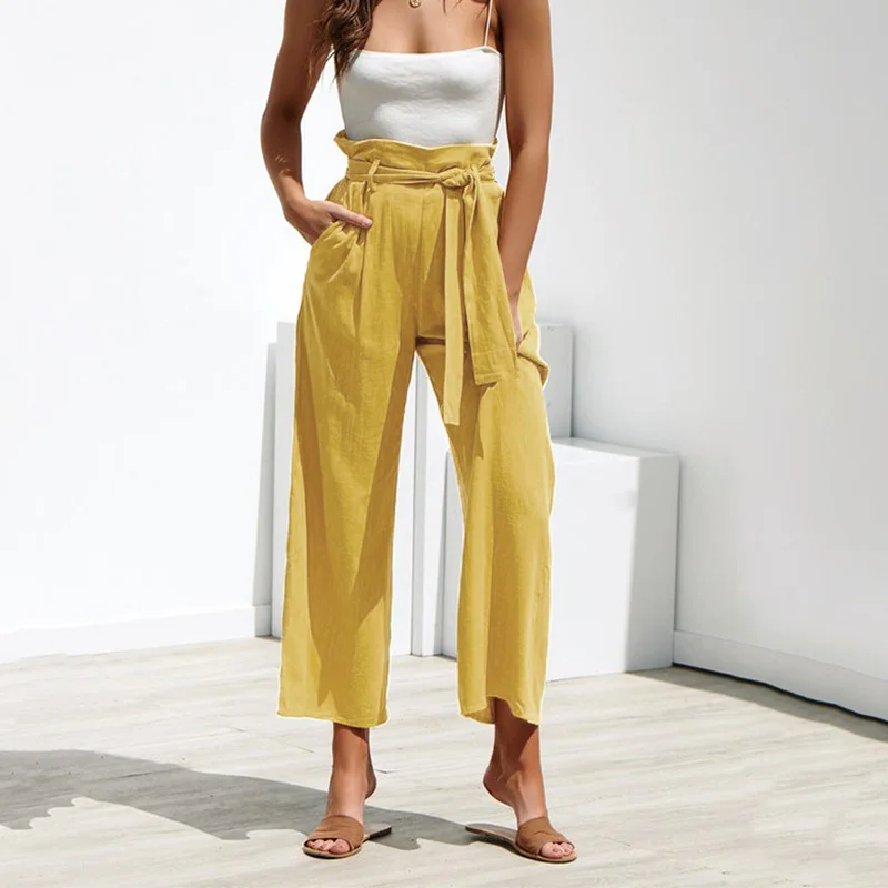 

Women Wide Leg Pants High Waist Loose Linen PaperBag Waist Pants Trousers Women