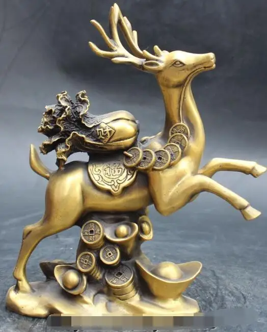 

S2502 11" China Fengshui Bronze Wealth Yuanbao Money Baicai Cabbage Deer Animal Statue