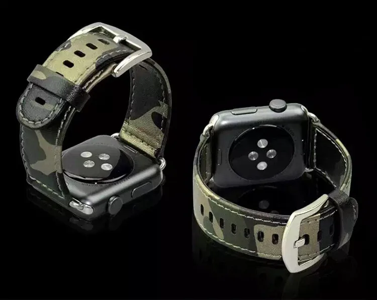 

38mm 42mm Camouflage Army Green Special Forces Design Genuine Leather Sports Outdoors Iwatch Band Bracelet Strap for Apple Watch