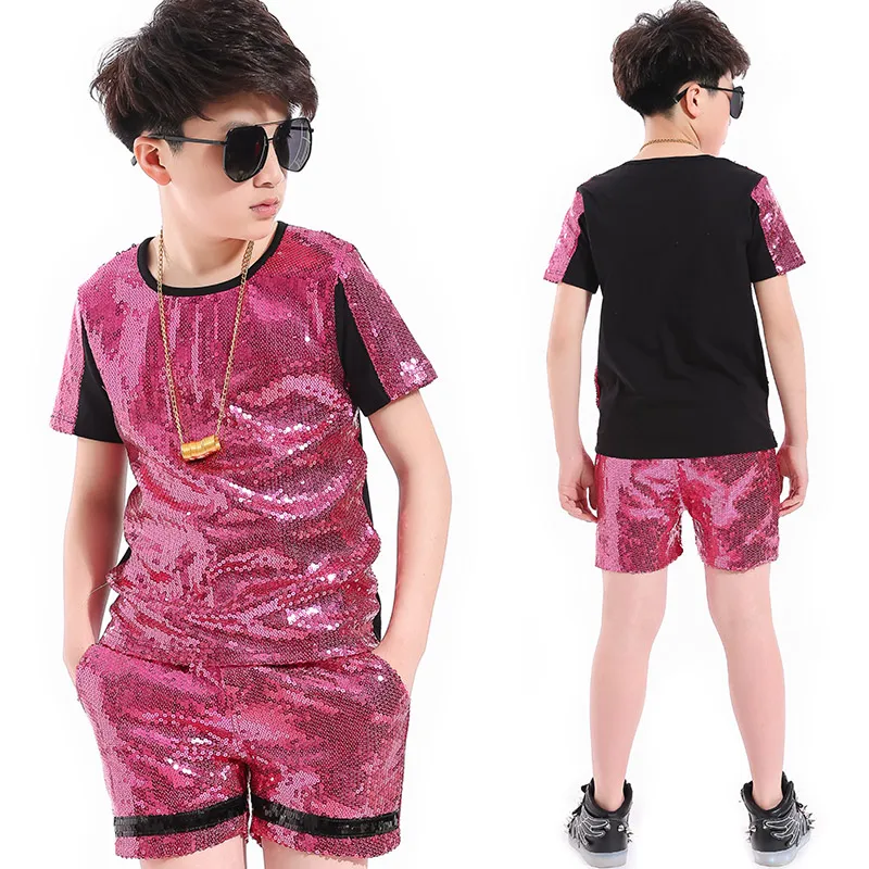 

Jazz Dance Costumes Children Short Sleeved Tops Shorts Kids Hip Hop Clothing Sequin Dance Outfits Boys Performance Wear DNV11069