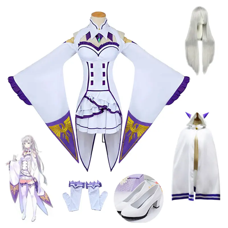 

DM COS Re Zero Kara Hajimeru Isekai Seikatsu Emilia Wigs Cosplay Costumes Women Dress With Headdress For Halloween PartyCosplay