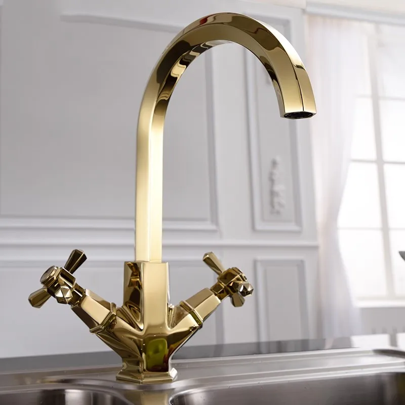 Unique Design High Quality Solid Brass Golden Two Handle Classical Kitchen Faucet Polished Gold 