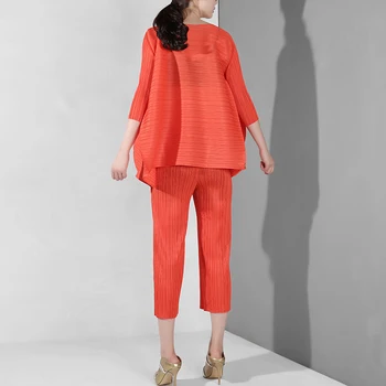 

LANMREM 2020 New Spring Summer Round Neck Three-quarter Sleeve Pleated Loose Wide Leg Pants Two Piece Suit Women Fashion OA9