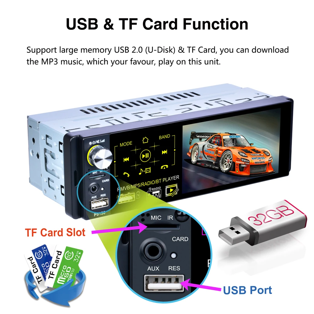 Podofo 4," Автомагнитола с сенсорным экраном 1 Din Bluetooth Автомагнитола RDS USB AUX MP5 видео плеер MP3 Авто аудио стерео камера заднего вида