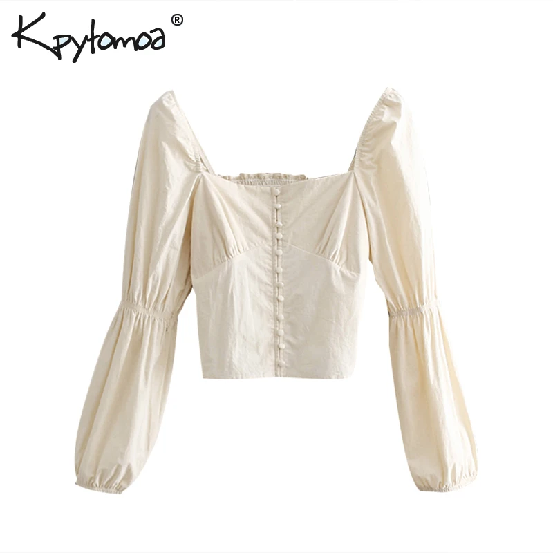 Vintage Chic Buttons Short Tops Women Blouses Fashion Square Collar Puff Sleeve Slim Fit Ladies Shirts Casual Blusas Mujer