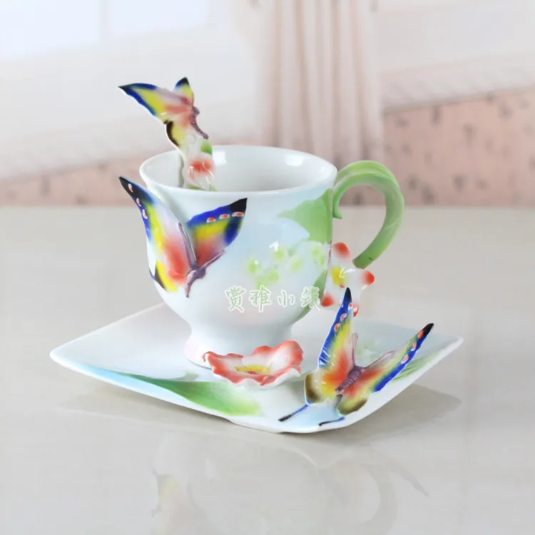 

Butterfly Coffee Cup Colored enamel porcelain Cups with saucers and teaspoon of holiday Get married creative gift Free shipping