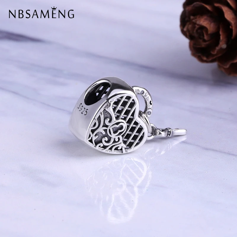 

NBSAMENG 100% 925 Sterling Silver Bead Love You Lock Heart Charm Beads With Key Fit Original Pandora Bracelets DIY Jewelry