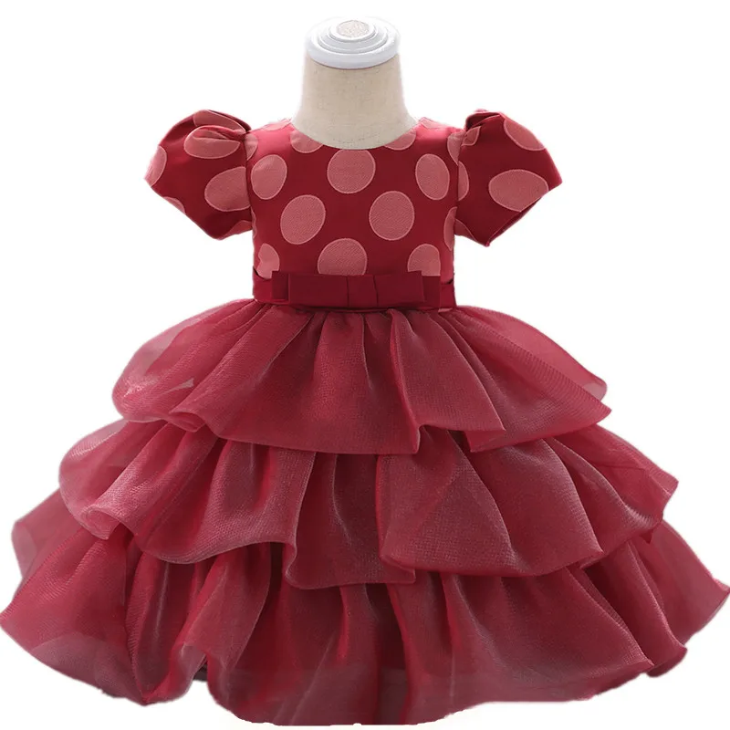 

2019 Newborn Baby Dress Polka Dot Short Sleeve Puff Cake Dress Girl Baby 1 Hundred Days Full Moon Banquet Baptism Princess Dress