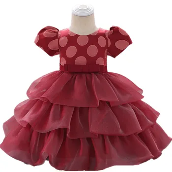 

2019 Newborn Baby Dress Polka Dot Short Sleeve Puff Cake Dress Girl Baby 1 Hundred Days Full Moon Banquet Baptism Princess Dress