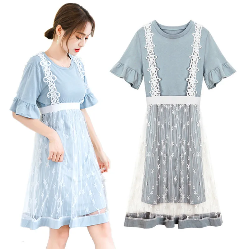 

2019 Spring Summer New Plus Size XXL Dress Stars Net Yarn Patchwork Short Ruffle Sleeves Mesh Dresses Casual Street Sundress