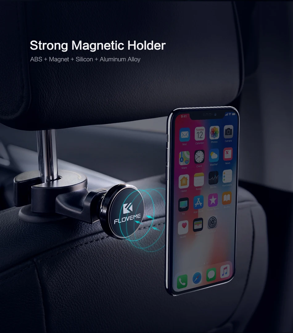 FLOVEME Strong Magnetic Car Headrest Hook Phone Tablet PC Holder Back Seat Bag Hanging 360 Rotating Car Phone Holder Stand (2)