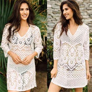 

Beachwear Tunic For The Beach Sarongs Coverup Women's Swimsuits Dress On Swimsuit Woman Lace Embroidered Sexy Neck Skirt Acetate