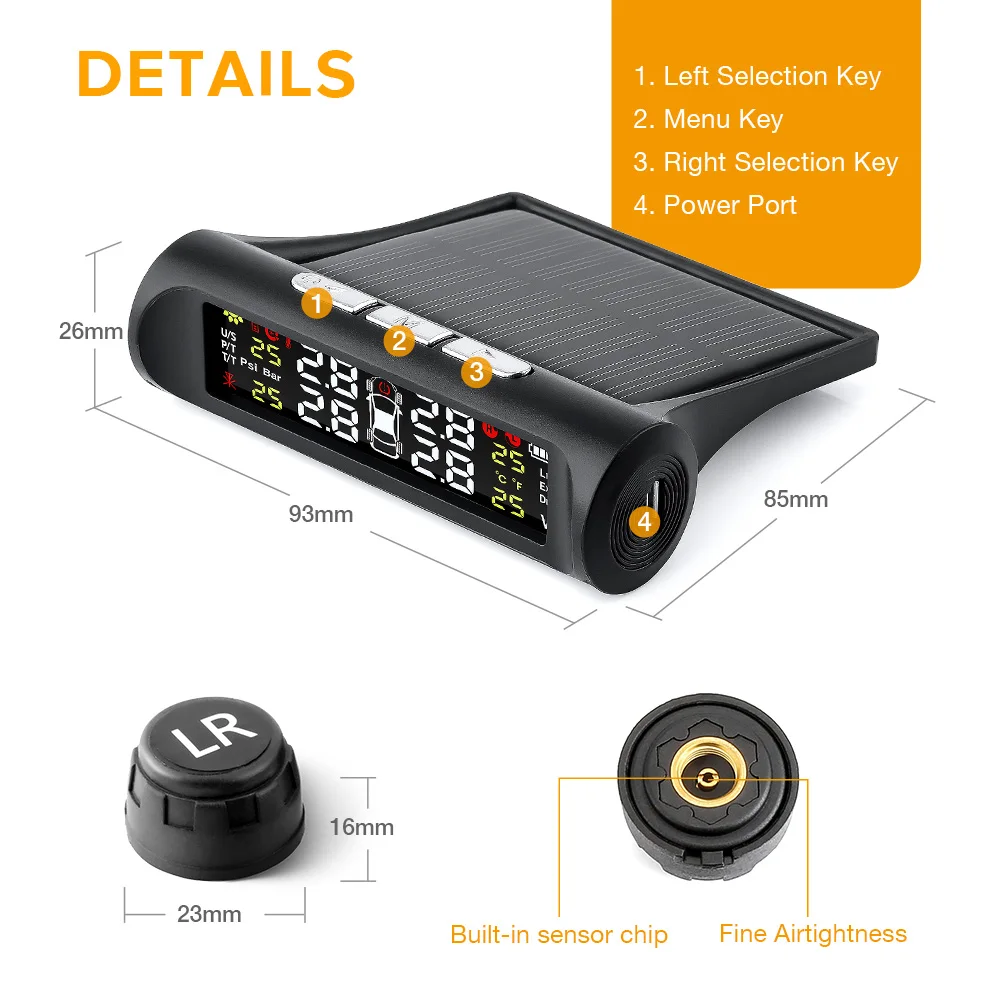 USB солнечная зарядка автомобиля TPMS система контроля давления в шинах HD цифровой ЖК-дисплей Авто сигнализация Инструмент беспроводной 4 внешний датчик