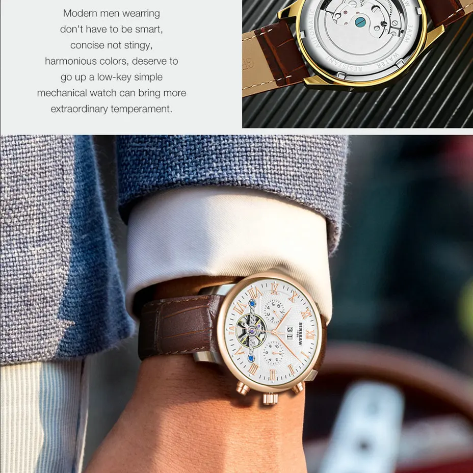 Горячее предложение! Распродажа! BINSSAW брендовые роскошные мужские часы автоматические механические часы tourbillon часы кожаные повседневные деловые наручные часы relojes