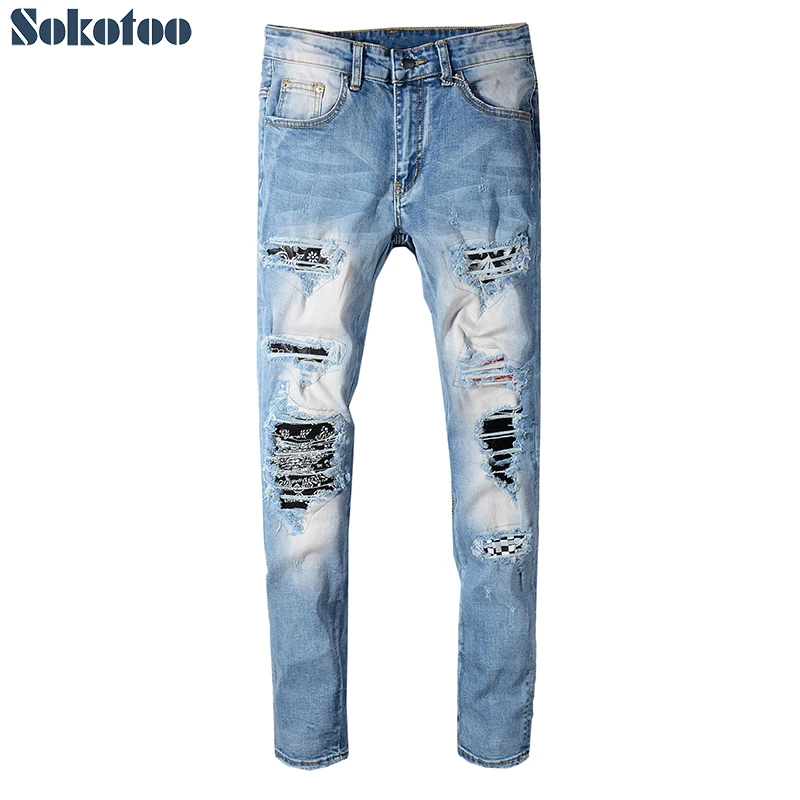 

Men's bandanna printed patchwork ripped blue stretch jeans Plus size slim skinny plaid patch distressed denim pants