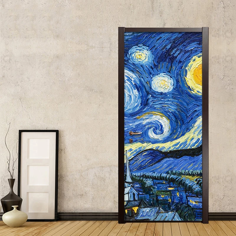 Наклейки на дверь, наклейки, настенные Ван Гог, звездное небо, креативные ПВХ обои, самоклеющиеся для обновления, печать на холсте, художественная картина, домашний декор