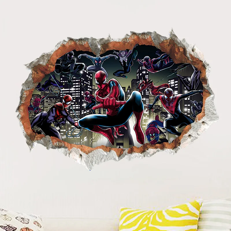 Marvel  Movie Spiderman 3DVIEW Wall Hole Stickers For Kids Room Boys room accessories Super Heroes Mural Art Decal Home Decor