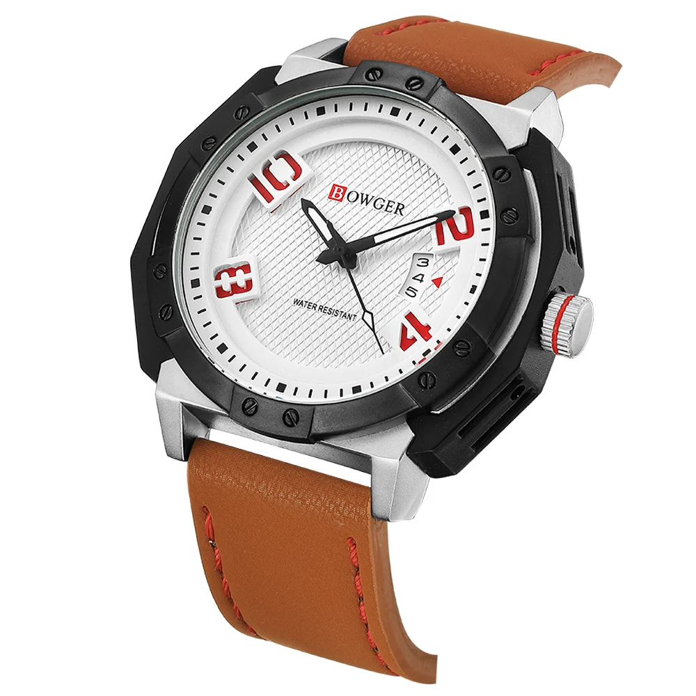 2018 BOWGER Men's Fashion Sport Watches Men Quartz Analog Date Clock Man Leather Military Waterproof Watch Relogio Masculino (9)