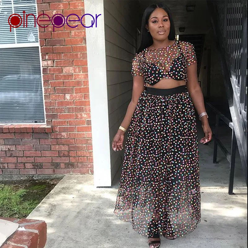PinePear Candy Color 2019 Spring 2 Piece Set Cute Colourful Dot Transparent Mesh Sheer Maxi Dress Women Sweet Party Club Outfits PinePear Candy Color 2019 Spring 2 Piece Set Cute Colourful Dot Transparent Mesh Sheer Maxi Dress Women Sweet Party Club Outfits