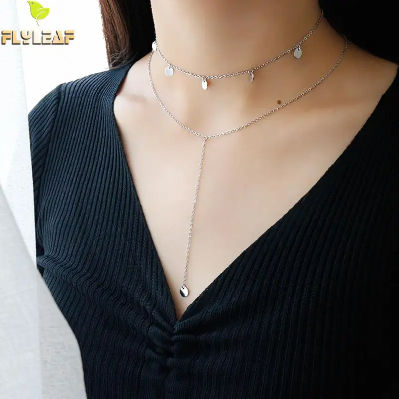 

Flyleaf 925 Sterling Silver Double Layer Long Tassel Choker Necklace For Women Simple Student Girl Gift Fashion Jewelry