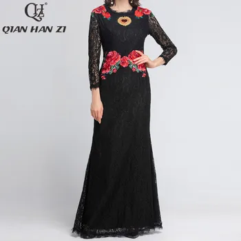 

Qian Han Zi newest Designer Runway Maxi Dress Women Long Sleeve Sleeve Embroidered Lace Vintage mermaid party Floor-Length dress
