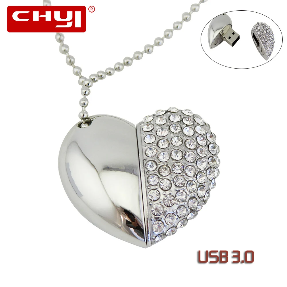 CHYI Crystal Love Heart Pendant USB 3.0 Flash Drive Necklace Pen Driver 8GB 16GB 64GB Pendrive 32GB Memory Stick U Disk For Girl