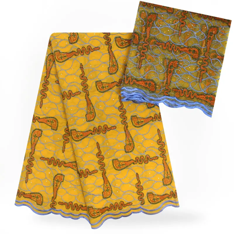 

african materials swiss 100% cotton fabric embroidery with stones 5+2 yards tulle lace scarf,nigerian brocade fabric for wedding