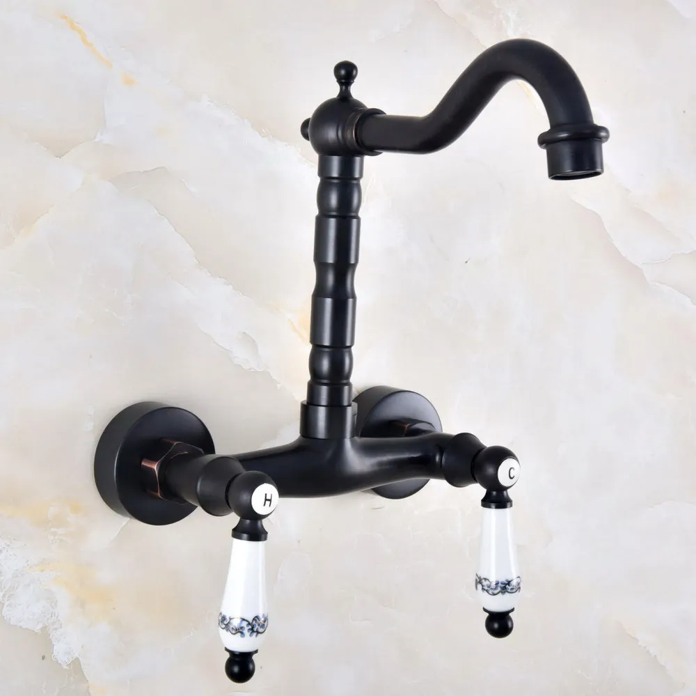 Kitchen Wet Bar Bathroom Vessel Sink Faucet Black Oil Rubbed Brass Wall Mounted Swivel Spout Mixer Tap Dual Ceramic Lever mnf827